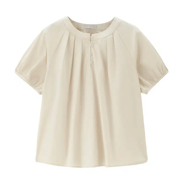 佐丹奴 纯棉府绸压褶圆领半开襟梭织短袖衬衫 女款