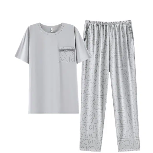 潞优野 纯棉短袖长裤青年高级加大码薄款夏季睡衣套装 男款