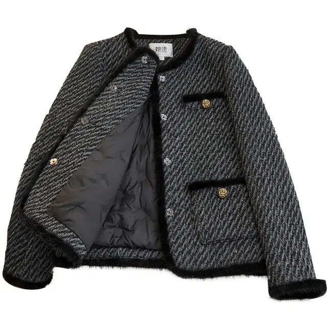 她池  圆领小香风短款舒适长袖  含羽绒外套  女款  黑灰斜纹