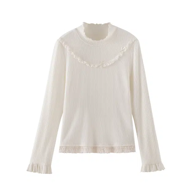 花栗鼠小姐 绵绵小蛋糕 柔甜美半高领木耳边蝴蝶结装饰下摆抽皱微宽松打底内搭针织衫 女款 白色