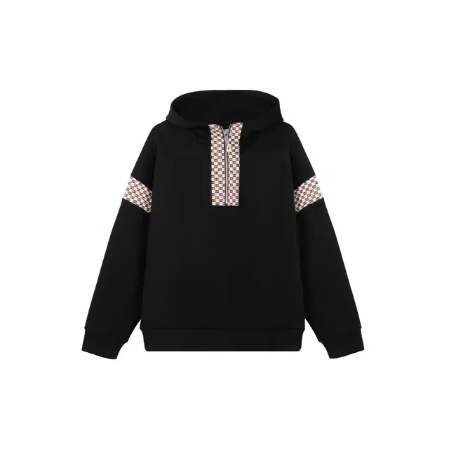 麓蔓蒂 拼色棋盘格半开襟连帽复古加绒套头卫衣 女款