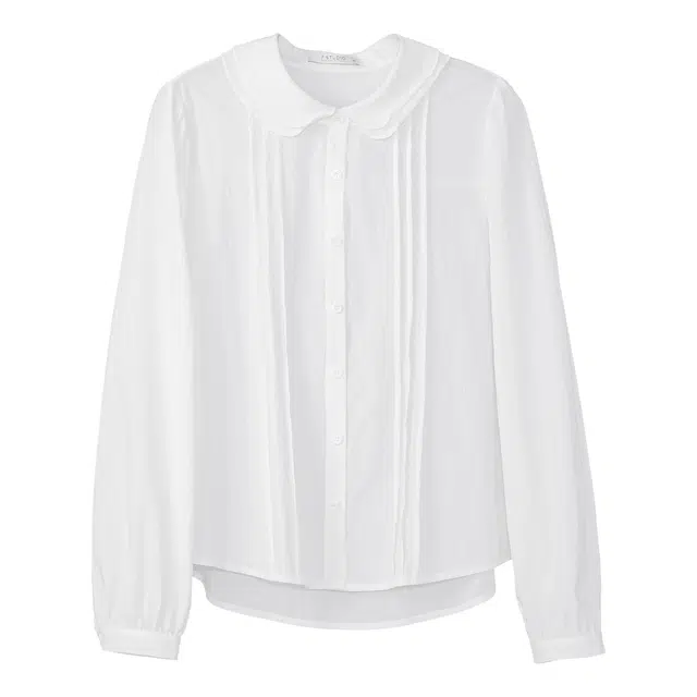 法儿家 花瓣衬衫韩系简约荷叶领通勤百搭长袖衬衫 女款 白色