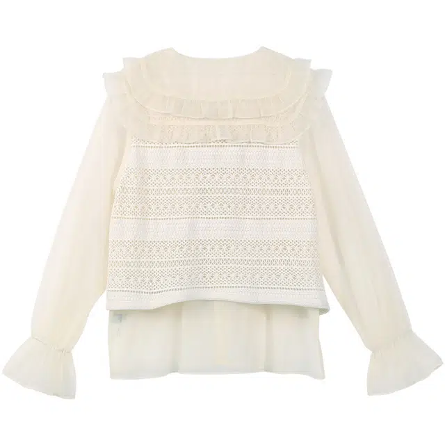 她池 小众设计蕾丝拼接衬衣双层娃娃领长袖衬衫 女款 米色