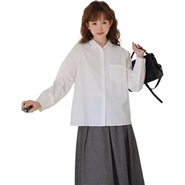 小菊川栗 日系软妹荷叶边拼接口袋宽松简洁翻领衬衫上衣衬衫 女款