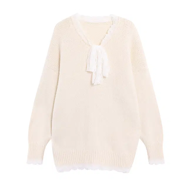 花蔓色 时尚减龄蕾丝拼接慵懒风春秋季女装上衣针织衫 女款