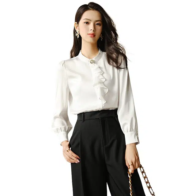 晚白 飘带立领排扣设计内搭肩部收褶长袖衬衫 女款