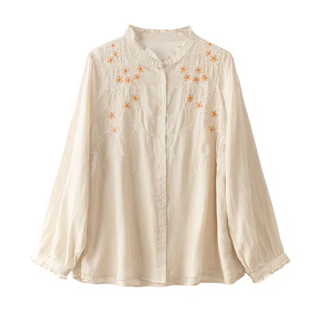 曲韩 花边立领刺绣显瘦上衣文艺复古盘口苎麻长袖春季衬衫 女款