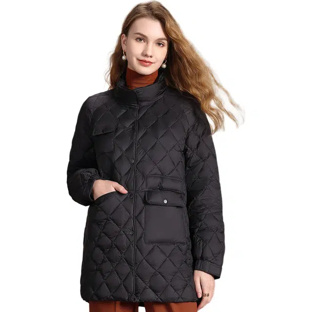 粉红玛琍 纯色立领长袖羽绒服 女款 黑色