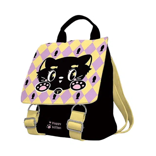 奥松 开心小喵卡通书包可爱小众设计感春夏通勤包大学生背包 绒面科技布 双肩包 常规 男女同款情侣款 黑色/黄色