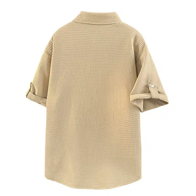 加荣 潮牌痞帅大码美式休闲宽松青少年纯色简约学生白色帅气高级感翻领华夫格五分袖短袖衬衫 男女同款