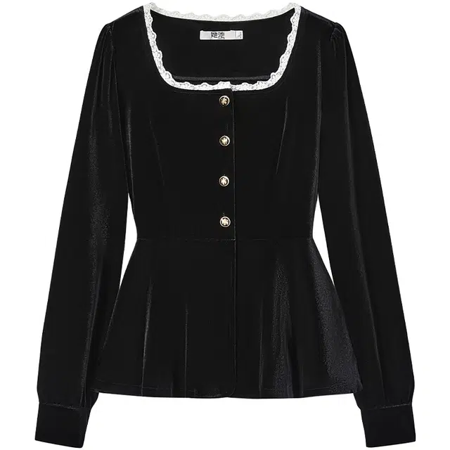 她池 法式优雅方领修身丝绒蕾丝边长袖衬衫 女款 黑色