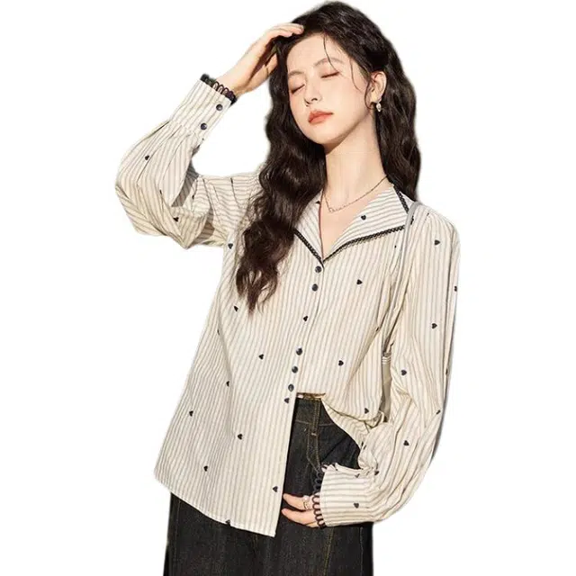 谜秀 条纹泡泡袖女装长袖法式复古刺绣上衣小衫衬衫 女款