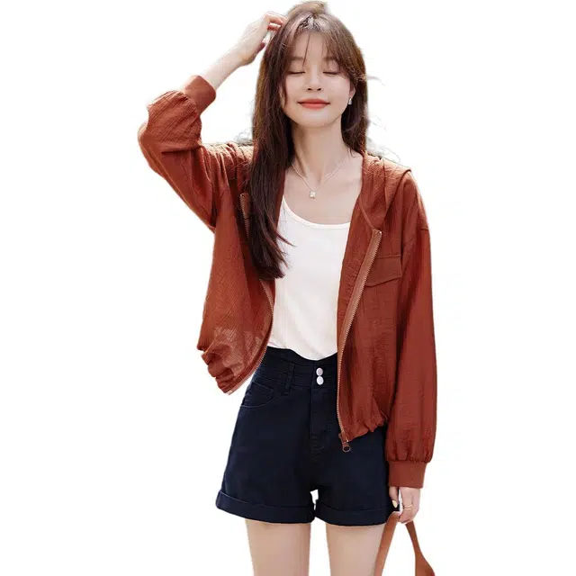 沫晗依美 纯色透气连帽宽松拉链夹克外套 女款 锈红色