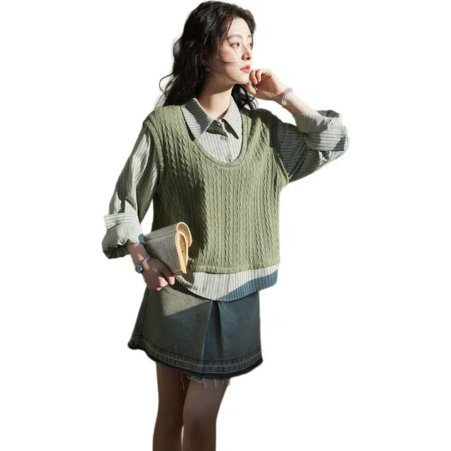 谜秀 学院风森系高智感温柔慵懒针织假两件女拼接设计通勤显瘦宽松上衣衬衫 女款 抹茶绿