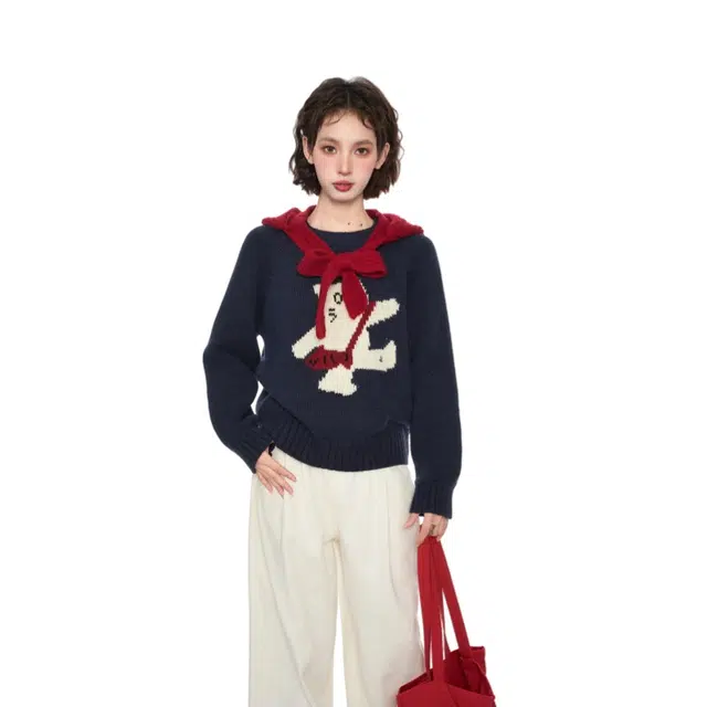 柏黛妃 圆领套头宽松加厚软糯内搭打底衫慵懒风上衣针织衫 女款 藏青色