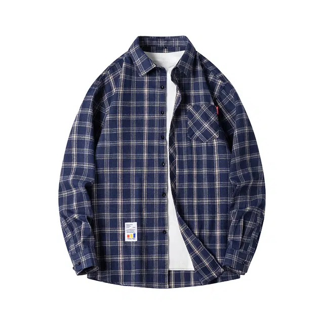 曲韩 潮牌小香风格子春秋季条纹棉长袖衬衫 男女同款