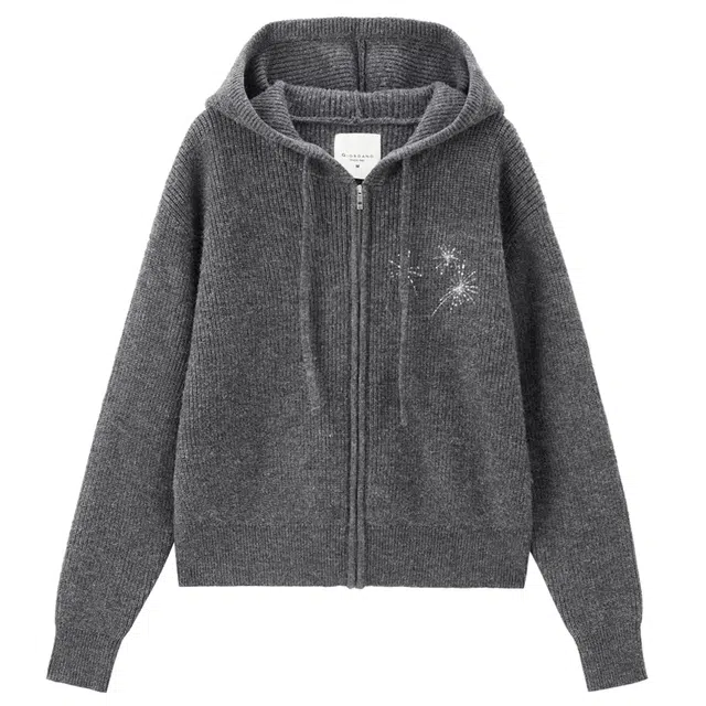 佐丹奴 雪花亮片连帽开襟短款针织衫 女款 烟熏灰