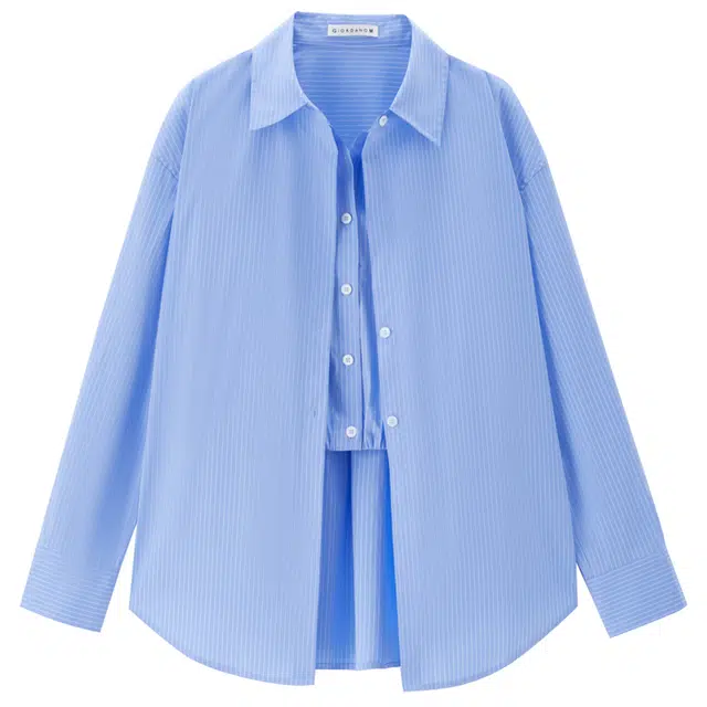 佐丹奴 假两件条纹梭织休闲长袖衬衫 女款 天空蓝