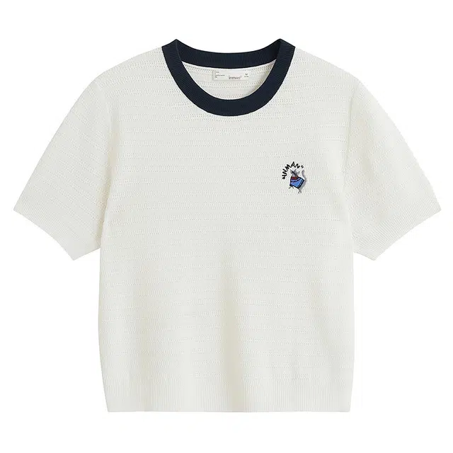 茵曼 法式撞色圆领肌理休闲宽松短袖针织衫 女款 白色