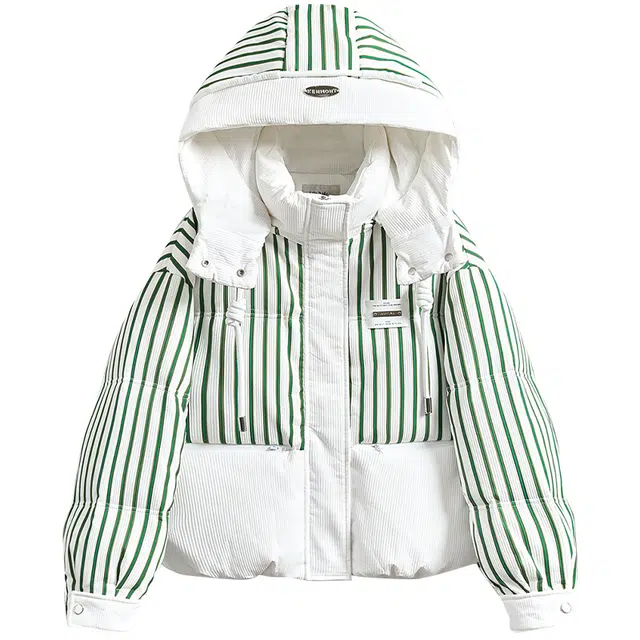她池  撞色时髦洋气保暖  含羽绒外套  女款  白底绿条纹