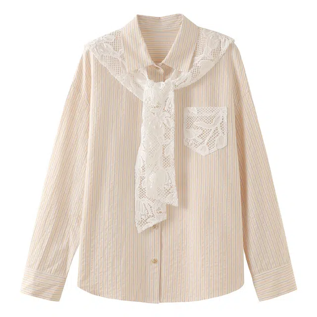 花栗鼠小姐 夏至未至 休闲减龄通勤风翻领条纹蕾丝刺绣披肩宽松遮肉衬衫 女款