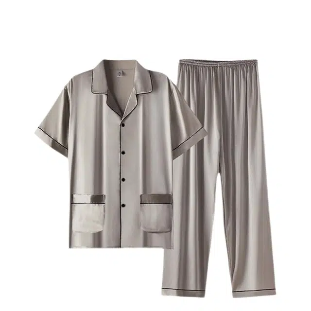 潞优野 薄款冰丝高级感家居服短袖长裤仿真丝绸加大码夏天睡衣套装 男款