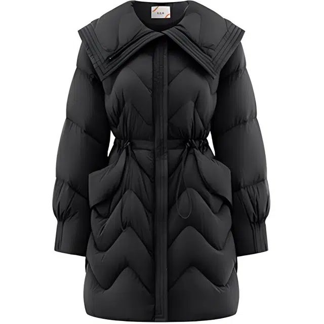 艾莱依 纯色中长款宽松翻领抽绳收腰羽绒服 女款
