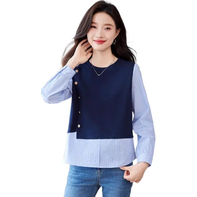 曲韩 圆领通勤长袖衬衫 女款 藏青色