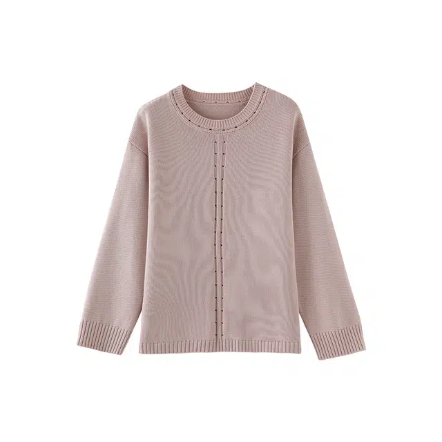 花栗鼠小姐 懒人舒适区 简约松弛慵懒感圆领镂空织边宽松直筒垂坠感遮肉针织衫 女款