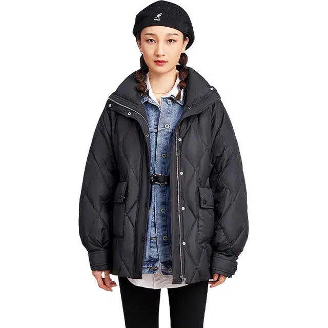 鸭鸭 短款纯色立领宽松羽绒服 女款