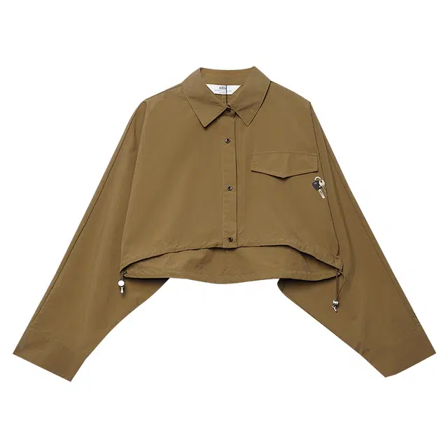 木果果木 春季 复古学院风小个子长袖衬衫 短款 女款 深卡其