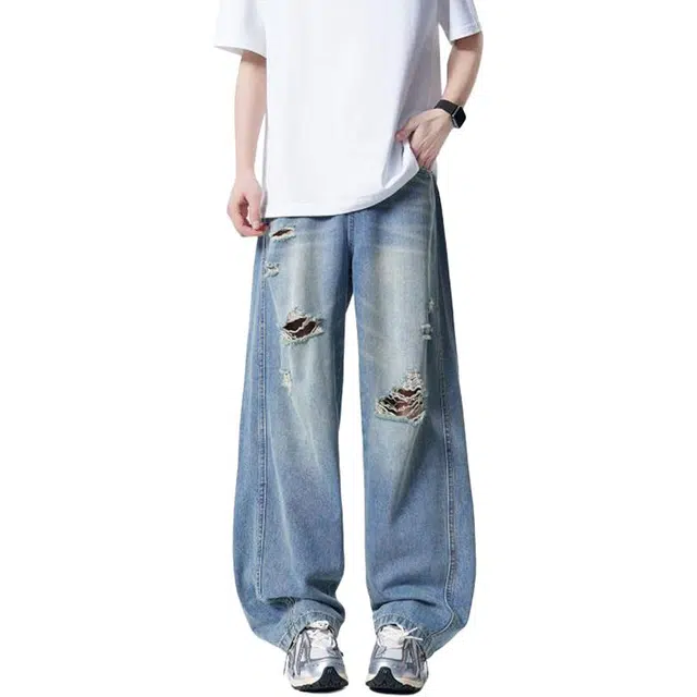 隐狼世家 高品质薄款美式复古重磅水洗破洞宽松腿弯刀牛仔裤 男款