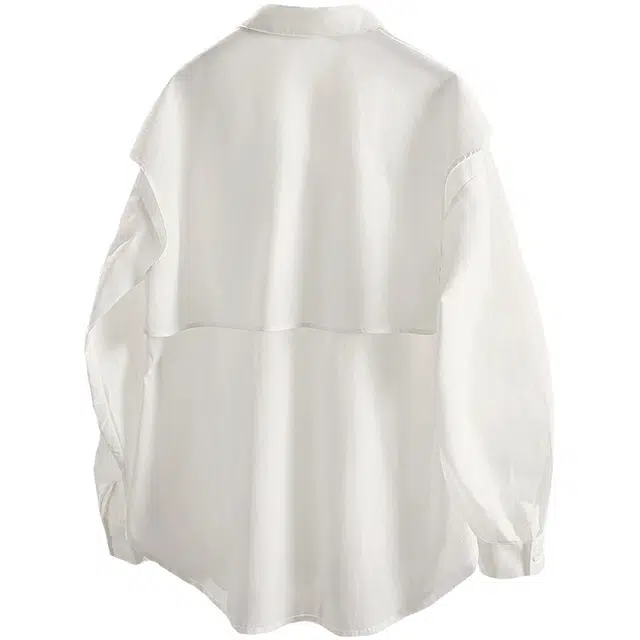 她池 时尚休闲单排扣翻领宽松长袖衬衫 女款 白色