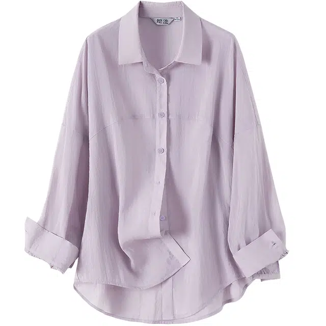 她池 简约轻薄单排扣长袖翻领中长款衬衣宽松衬衫 女款 紫色