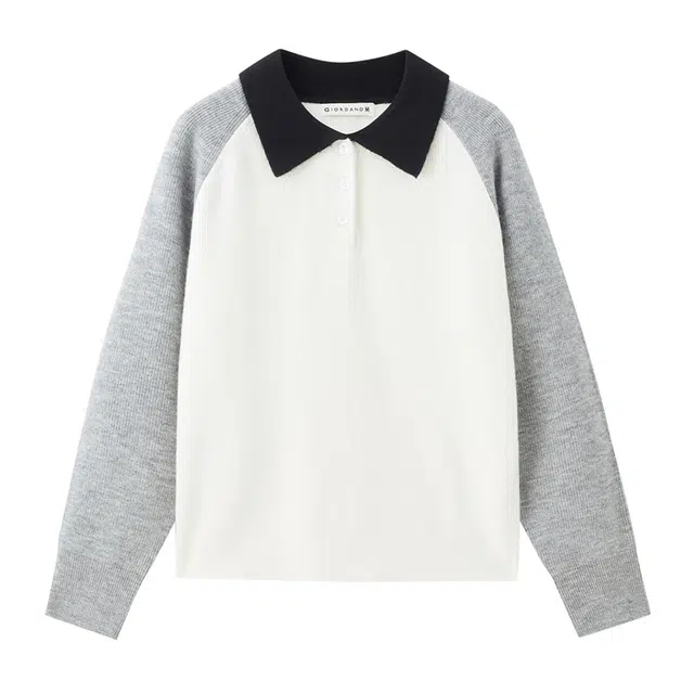 佐丹奴 撞色宽松插肩翻领舒适针织衫 女款 三色拼灰