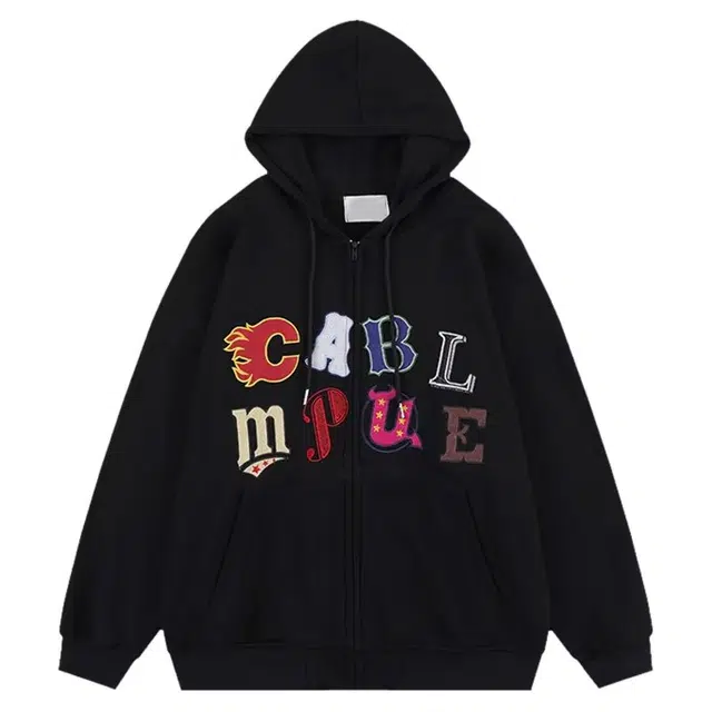 玉儿恋 字母火焰涂鸦印花连帽宽松落肩拉链开衫长袖卫衣 女款