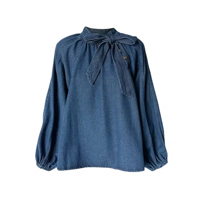 涂诗菲 法式复古蝴蝶结系带泡泡袖衬衫减龄宽松立领牛仔上衣 女款