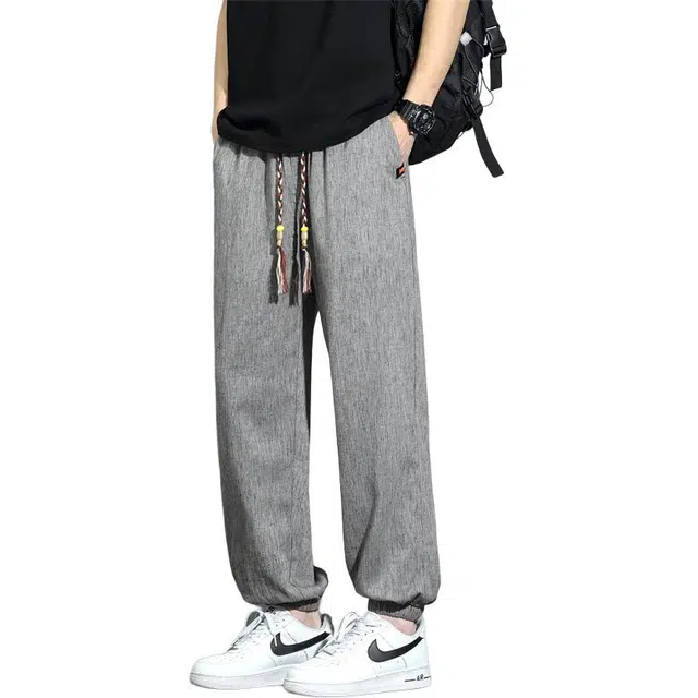 顶峰保罗 冰丝薄款亚麻抽绳设计感九分裤宽松阔腿束脚休闲裤 男女同款