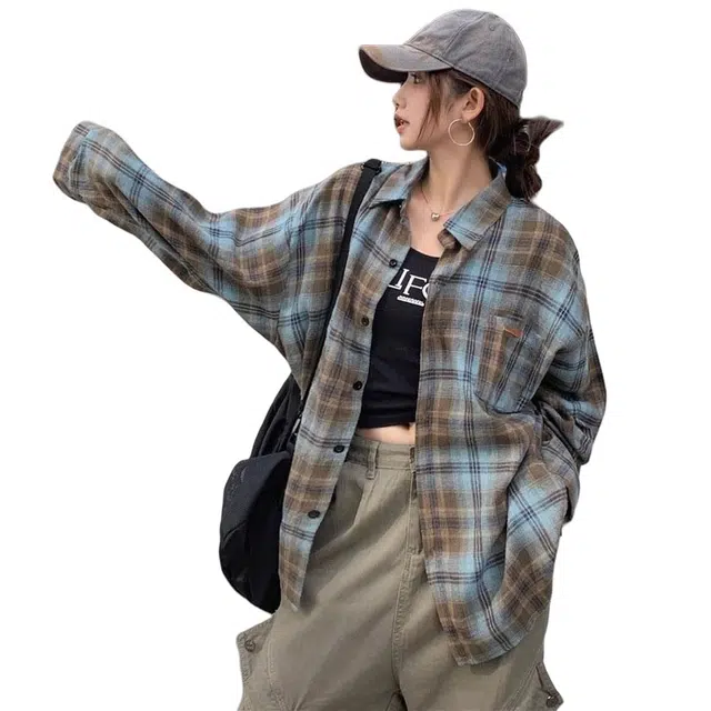 欧阳喜 宽松翻领舒适休闲长袖衬衫 女款 蓝色格子