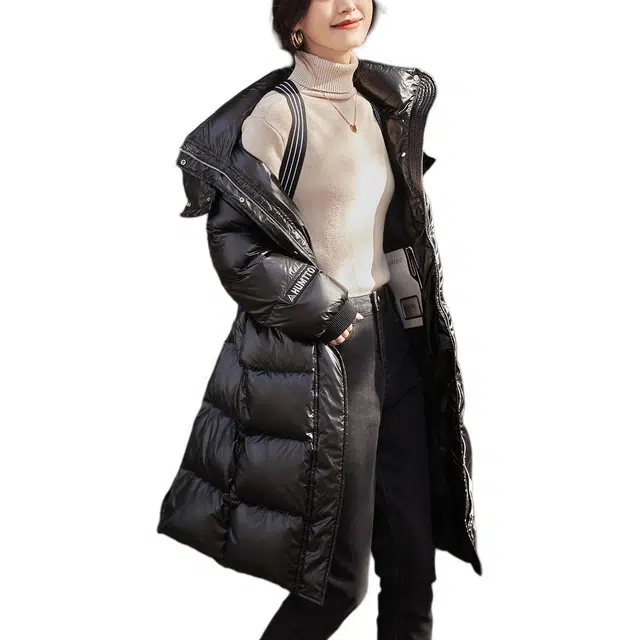 沫晗依美 连帽休闲纯色长款羽绒服 女款 黑色