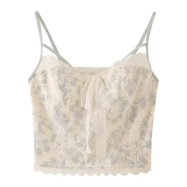 花栗鼠小姐 洱海漫步 甜美重工抹胸式蕾丝系带蝴蝶结拼接花边修身短款吊带 女款