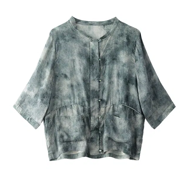 曲韩 半袖印花气质上衣宽松苎麻短袖衬衫 女款 水墨蓝