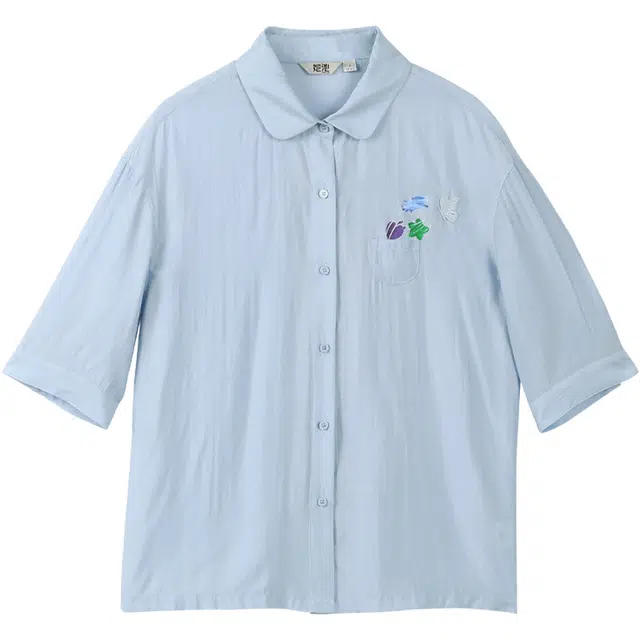 她池 清新单排扣宽松休闲衬衣翻领印花半袖衬衫 女款 蓝色