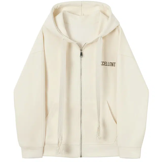 她池 连帽字母刺绣运动风宽松拉链休闲外套卫衣 女款 米色