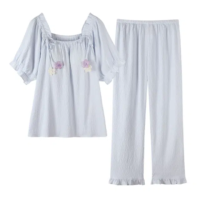 莫代尔 简约舒适亲肤柔软轻盈透气带胸垫防凸点带图案短袖长裤睡衣套装 女款 浅蓝色