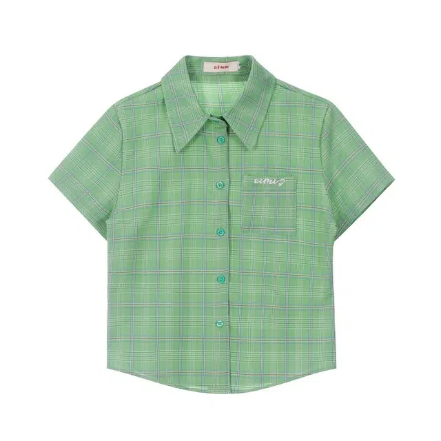 花蔓色 字母刺绣百搭格纹短袖衬衫 女款 绿色