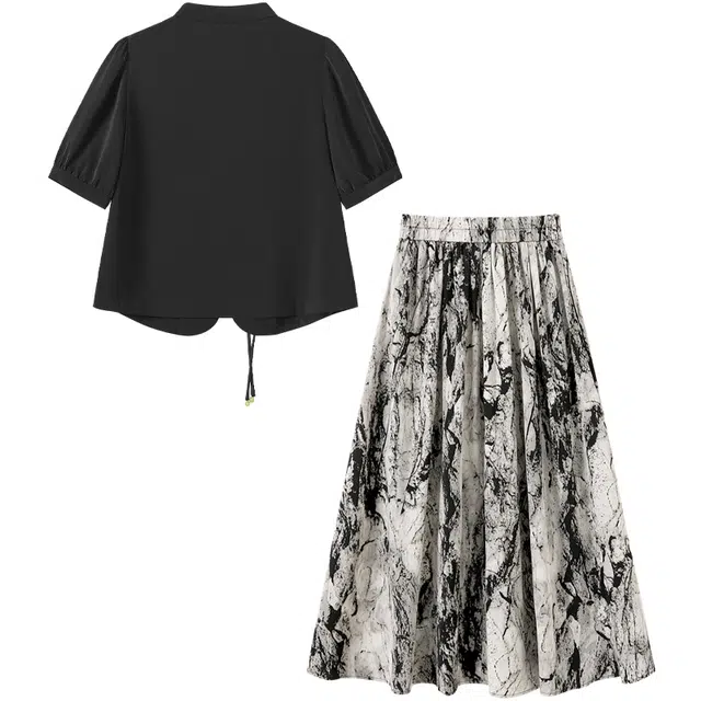 她池 立领短袖衬衫中长半身裙两件套新中式国风裙装套装 女款