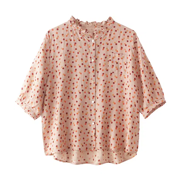 曲韩 波点印花宽松显瘦半袖上衣文艺复古苎麻短袖夏季衬衫 女款