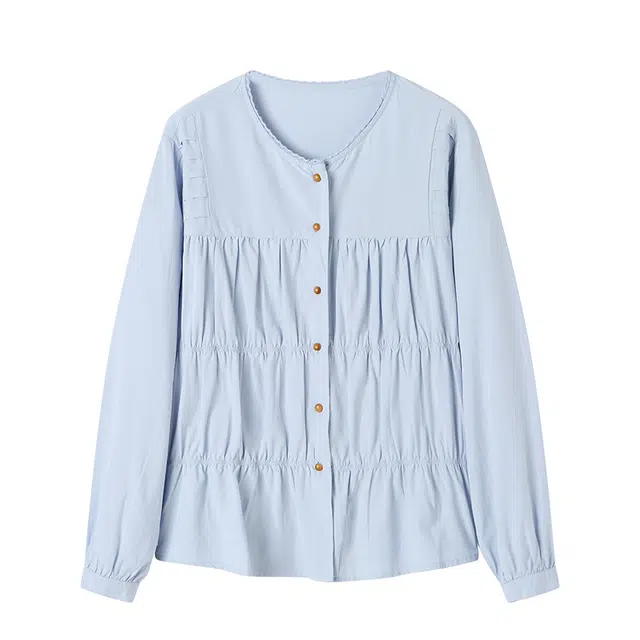 曲韩 宽松显瘦褶皱上衣气质时尚圆领纯棉春季长袖衬衫 女款 淡水蓝