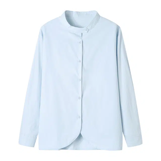 曲韩 慵懒风宽松纯色长袖衬衫 女款 云水蓝